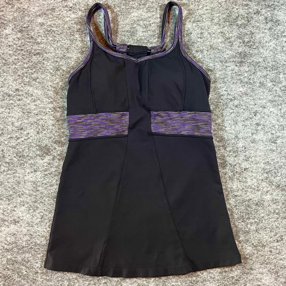 Athleta‎ Prasada Workout Tank Top Women S Black Purple Strappy Built-in Bra Yoga